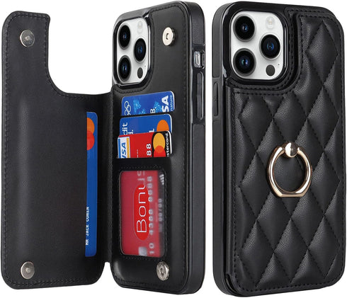 for iPhone 13 Pro Max Wallet Case with Card Holder, 360° Rotation Ring Kickstand Card Slots Case, Leather Protective Case with Double Magnetic Cla...