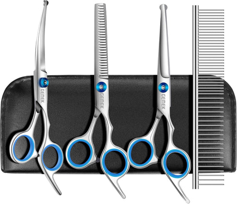 GEMEK Professional Grooming Scissors for Dogs with Safety Round Tips, Dog Grooming Scissors Set - Thinning, Straight, Curved Shears and Comb for L...