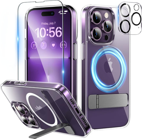Magnetic Case for iPhone 14 Pro Case with Screen Protector, (with Slim Kickstand + Camera Protector) Compatible with Magsafe Shockproof Crystal Cl...