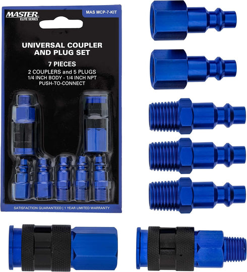 Master Elite Series 7 Piece Air Hose Fittings Set Kit - 2 Universal Air Couplers & 5 I/M Industrial Type Plugs, 1/4" NPT Male & Female Threads - A...