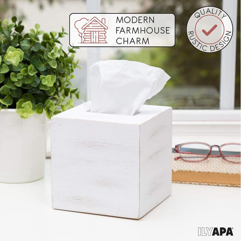 Ilyapa Wood Tissue Box Cover Square - Rustic Farmhouse White Wooden Tissue Holder...