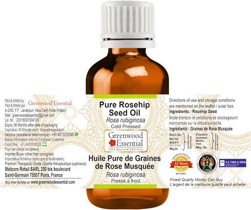 Pure Rosehip Seed Oil (Rosa rubiginosa) Cold Pressed for Personal Care 15ml (0.50 oz)...