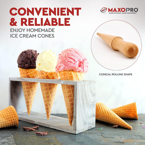 Ice Cream Waffle Cone Roller – 8.6 Inch Strong & Smooth krumkake cone roller - Wooden Pizzelle Cone Mold – Non-Slip Handle Waffle Cone Shaper Tool...