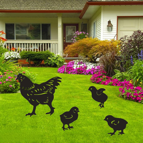 4 Pack Chicken Garden Decorative Statues, Metal Hen and Chicks Silhouette Garden Stakes, Ideal Yard, Garden, Lawn Decor, Animal Outdoor Decoration...