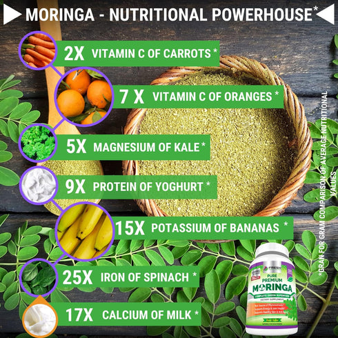 FRESH HEALTHCARE Moringa Oleifera 180 Capsules – 100% Pure Leaf Powder - 3 Month Supply - Non GMO and Gluten Free - Complete Green Superfood Suppl...