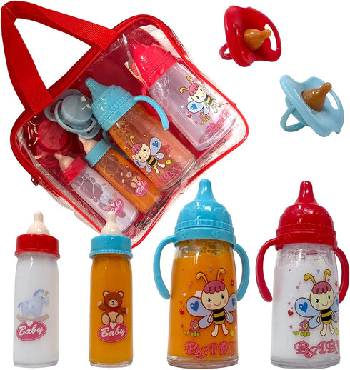 Baby Doll Bottles with Magic Disappearing Milk & Juice Playset, 6pc Pretend Baby Doll Accessories Set 4 Doll Feeding Toy Bottles and 2 Pacifiers, ...