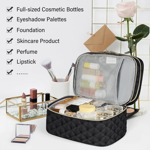 IGOLUMON Travel Makeup Bag Double Layer Make Up Bag Portable Large Cosmetic Bag Wide-open Toiletry Bag for Women Roomy Cosmetic Case Pouch Multifu...