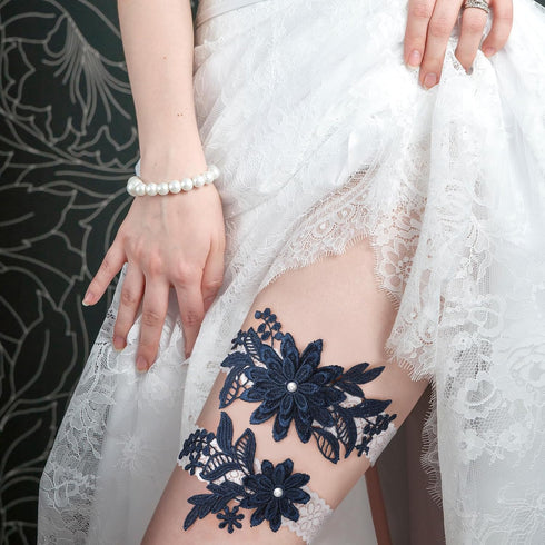 2 Pieces Wedding Garters for Bride Sexy Lace Leg Garter Belt Hand Sewn Faux Pearls Bride Garter Set...