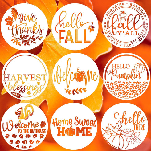 Large Fall Stencils for Painting on Wood 12”,Thanksgiving Stencil Round Hello Pumpkin Stencils Give Thanks Drawing Templates for Door Porch Hanger...
