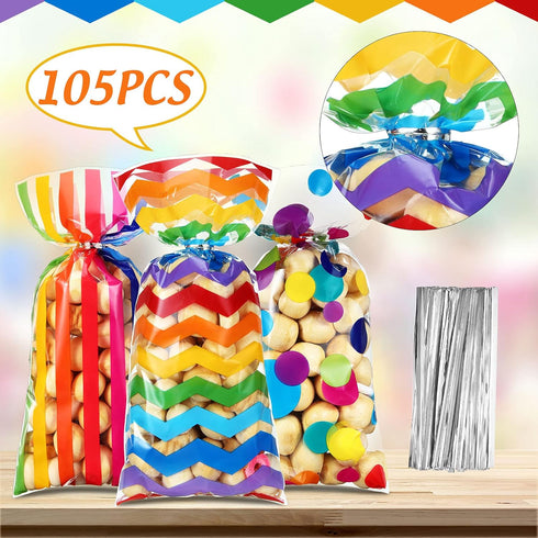 105 Pcs Rainbow Cellophane Treat Bags Bulk Plastic Polka Dot Stripes Goodie Candy Favor Bags with Twist Ties for Back to School Party Favors Anniv...