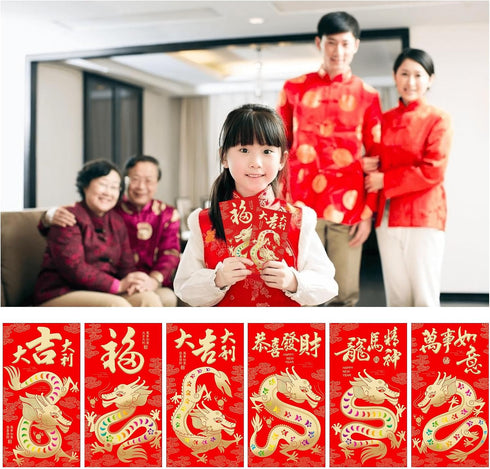 36Pcs Chinese New Year Red Envelopes 2024, Chinese Lunar New Year Dragon Year Lucky Money Envelope Gold Foil, Chinese Hong Bao with 6 Different Go...
