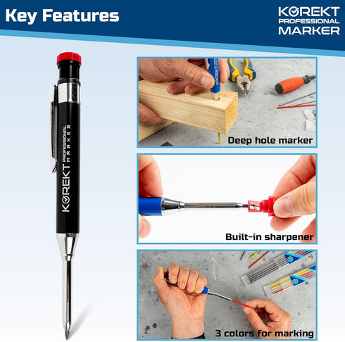KOREKT Professional Marker, Heavy Duty Mechanical Carpenter Pencil Set | 12 Refills and Built-in Sharpener | Construction, Woodworking, Welding, C...
