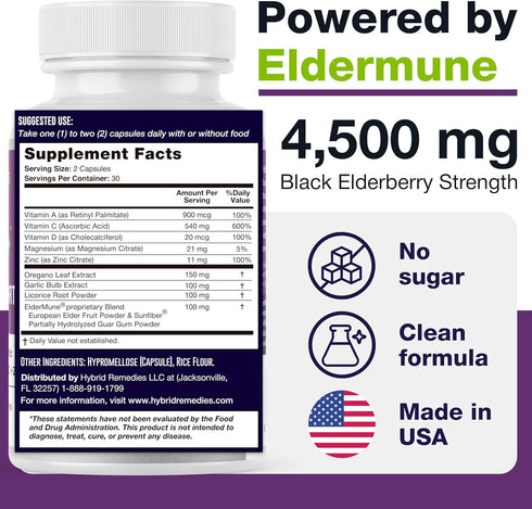 HybridEB Sambucus Elderberry Immune Support with Vitamin C, Zinc, Vitamin D3 - Antioxidant & Immunity Supplement, 1 Month Supply - 9 in 1 Black El...
