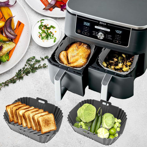 Large Air Fryer Silicone Liner for 8-10QT Ninja Dual Basket Air Fryer, Non-Stick Air Fryer Pot, Rectangular Air Fryer Silicone Basket, Reusable Ai...