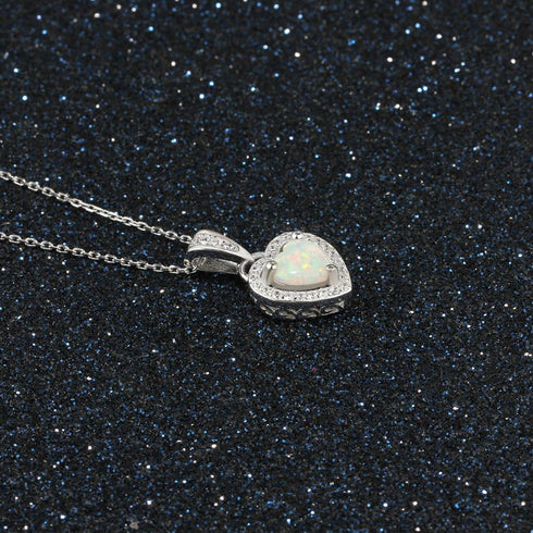 Sterling Silver Heart Shape Created Opal Pendant Necklace (6mm Opal Halo Heart)...