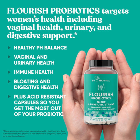 Flourish Probiotics + Prebiotics for Women – Gut and Digestion, Urinary Tract, Reduce Bloating, Vaginal Health – 18 Clinically Proven Strains, 14 ...
