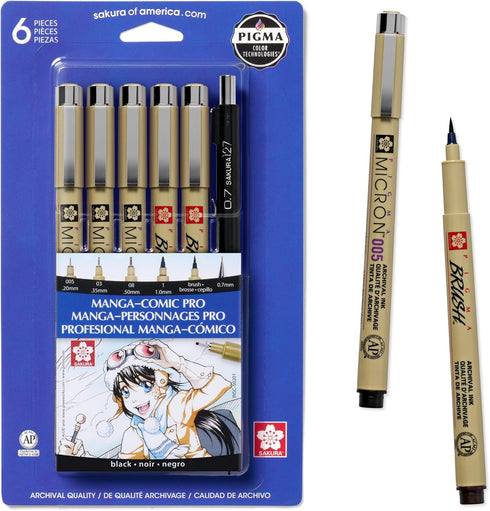 SAKURA Pigma Micron Manga Comic Pro Fineliner Pens - Archival Black Ink Pens - Assorted Point Sizes - 6 Pack...