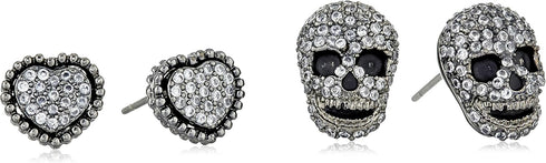 Betsey Johnson CZ Pave Heart & Skull Duo Set of Stud Earrings...