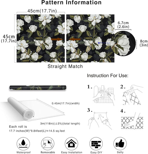 HAOKHOME 93169-1 Peel and Stick Gardenia Floral Wallpaper Removable Black/White/Green Vinyl Self Adhesive Mural 17.7in x 9.8ft...