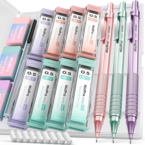 Nicpro 0.5mm Mechanical Pencils Set with Case, 3PCS Metal Mechanical Pencil, Pastel Aesthetic Drafting Pencils With 480PCS HB 2B Lead Refills, 3 E...