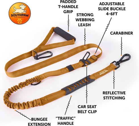 Shock Absorbing Bungee Dog Leash 4-7 ft. for Golden Retreivers with Seatbelt Buckle and Comfortable Padded Handle, Highly Reflective Extendable He...