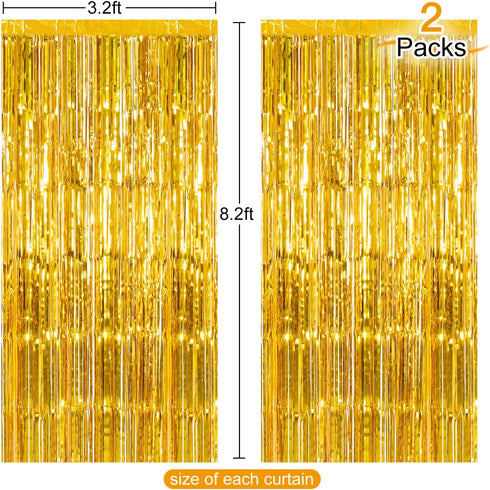 CHRORINE 2pcs 3ft x 8.3ft Gold Tinsel Foil Fringe Curtains Streamers Backdrop for Birthday Graduation Wedding Engagement Bridal Shower Bachelorett...