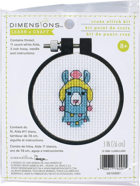 DIMENSIONS Colorful Llama Counted Cross Stitch Kit for Beginners, 11 Ct. White Aida Cloth, Finished Project 3" Diameter, Multicolor 5 Piece...
