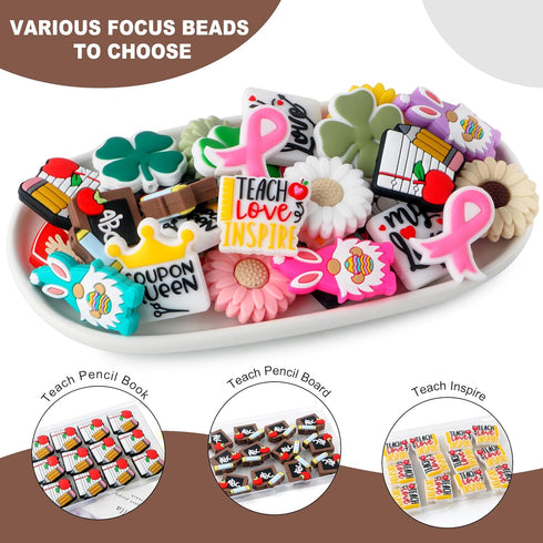 12pcs Silicone Beads - Oblong Focal Beads for Keychain, Pen, Bracelets, and Necklaces - Safe, Unbreakable Silicone - Teach Pencil Board Color...