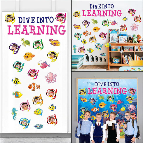 56 Pcs Ocean Beach Theme Classroom Bulletin Board Decoration Sets Dive into Learning Sea Animal Fish Cutouts for The Sea Backdrop Under The Summer...