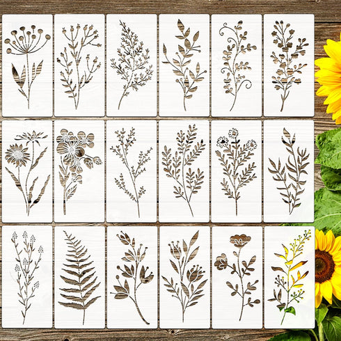 18Pcs Wildflower Stencils Flower Leaf Painting Stencils Reusable Wild Flower Stencil Plastic Art Drawing Templates DIY Crafts Plant Stencil for Pa...