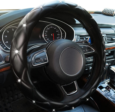 Xizopucy Diamond Leather Bling Steering Wheel Cover, Universal Car Steering Wheel Protector with Crystal Rhinestones Anti-Slip Soft Interior Acces...