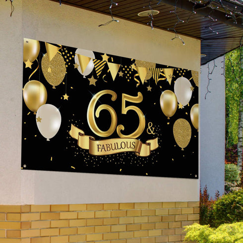 65th Birthday Black Gold Party Decoration, Large Fabric Black Gold Sign Poster for 65th Anniversary Backdrop Banner, 65th Birthday Party Supply Ph...
