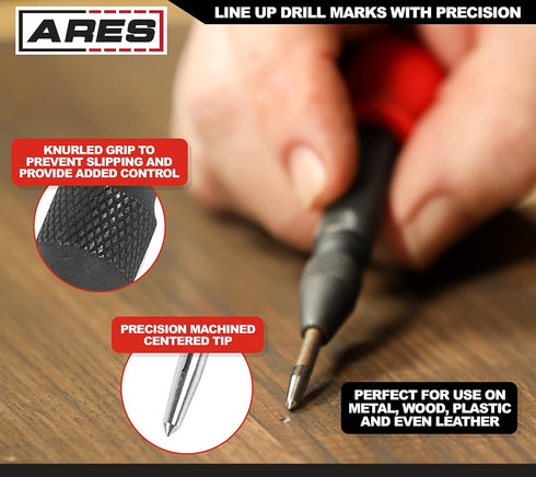 ARES 10022 - Automatic Center Punch - 5-Inch Adjustable Spring-Loaded Tool - Anti-Slip Knurled Grip - Durable S2 Steel Tip...