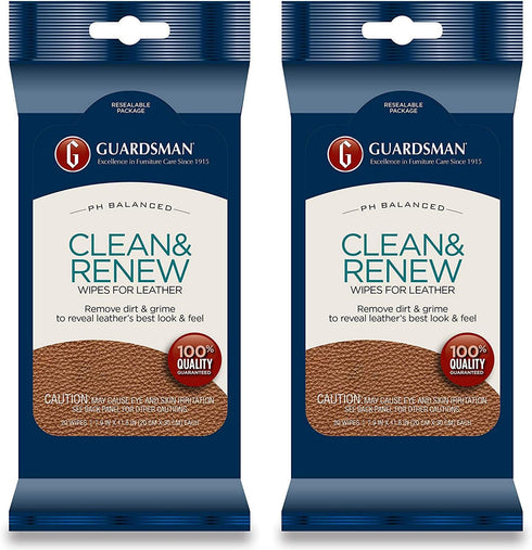 Guardsman Clean & Renew Leather Wipes - 20 Count - Removes Dirt & Grime, Great For Leather Furniture & Car Interiors - 2 Pack...