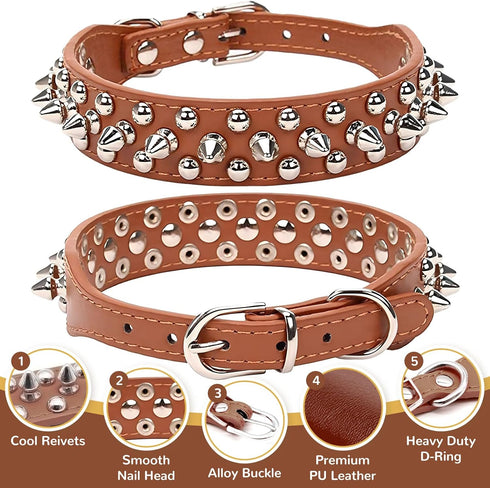 Spiked Dog Collar Brown Soft Pu Leather Funny Mushrooms Rivet Spike Studded Puppy Collar Adjustable Outdoor Pet Dog Collar for Small Medium Large ...