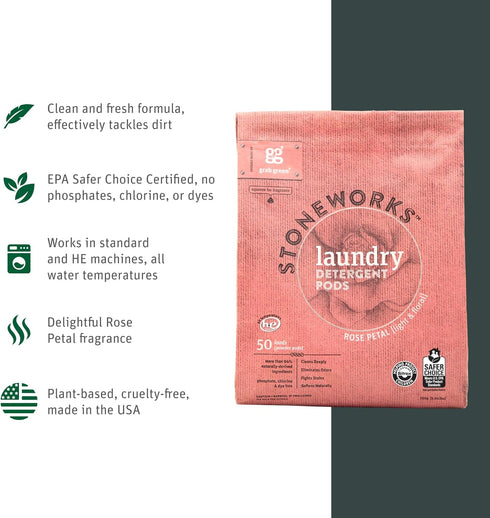 Grab Green Stoneworks Laundry Detergent Pods Sample Kit, 10 Count, Birch Branch, Fragrance Free Rain, Oak Tree, Olive Leaf, Rose Petal Scents, Pla...