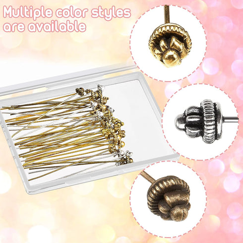 60 Pieces Head Pins for Jewelry Making Flower Beads Ball Pins 2.1 Inch with Clear Box for Jewelry Making Earring Bracelet DIY Accessories, Silver,...