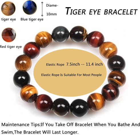 Tiger Eye Bracelet,10MM Relax Anxiety Triple Protection Bracelet Spiritual Crystal Gemstones Beaded Bracelets for women men Bring Luck And Prosper...