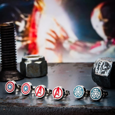 Officially Licensed Marvel Comics Stainless Steel Women's Avenger Logo Pack Round Stud Hypoallergenic Earrings, Unisex...