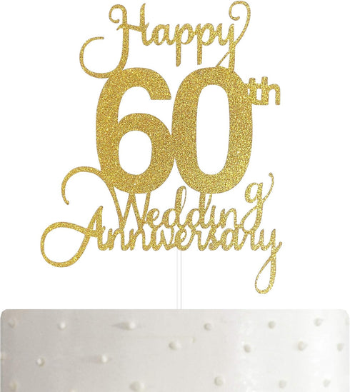 60th Wedding Anniversary Cake Topper, Wedding Anniversary Party Decoration with Premium Gold Glitter...