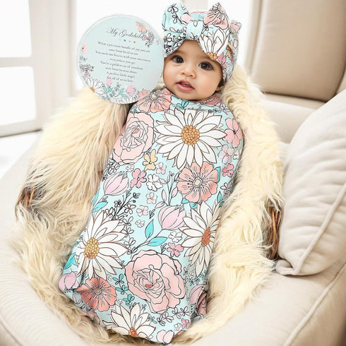 Galabloomer Newborn Receiving Blanket Headband Set Baby Flower Swaddle (blue glass)...