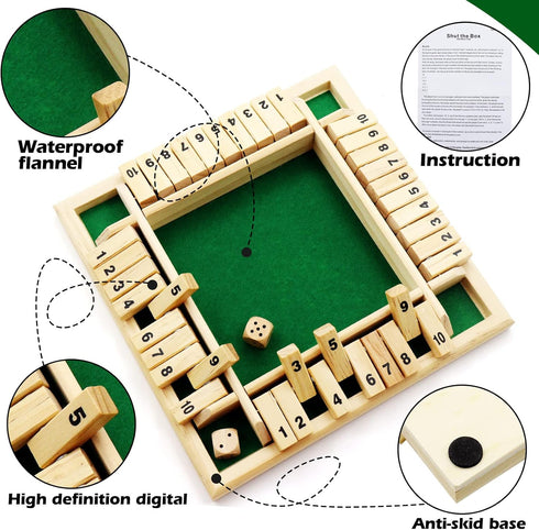 Dice Game Shut The Box Game Wooden Board Game with 10 Dices,a Classic 4 Sided Family Math Game for 2-4 Players Dice Board Game Shut-The-Box(Kids o...