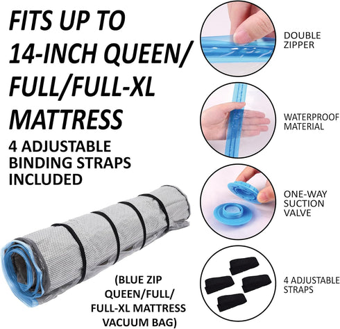 Queen/Full/Full-XL Foam Mattress Vacuum Bag with Blue Zipper, Mattress Storage Bag...