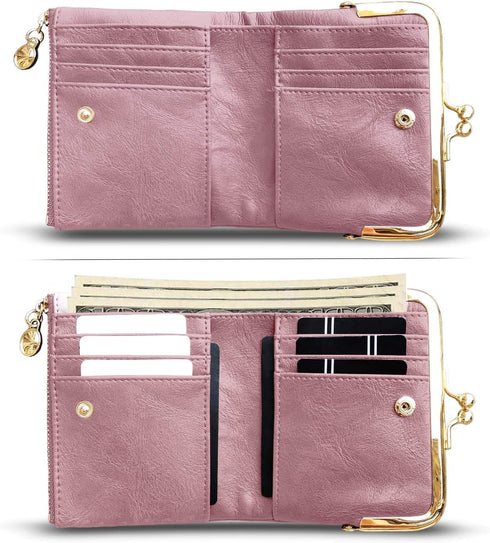 AOXONEL Womens Wallet Small Rfid Ladies Compact Bifold Leather Vintage Coin Purse With Zipper and Kiss Lock...