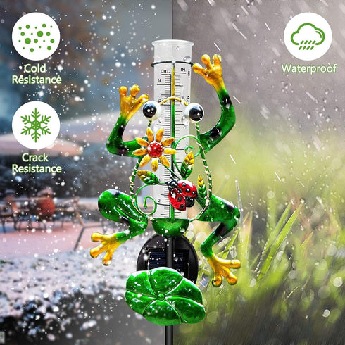 Solar Rain Gauge Outdoor, Metal Frog Shape, 6 inchs Glass Tube, with 2 Feet Stake, Decorative for Yards, Garden, Lawn...