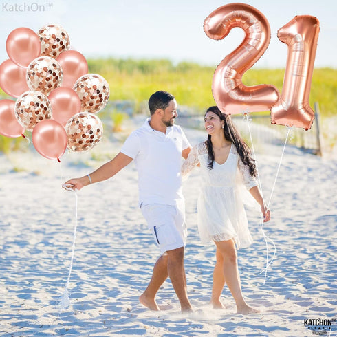 KatchOn, Big Rose Gold 21 Balloon Number - 40 Inch, 21th Birthday Decorations for Girls | Rose Gold Number 21 Balloon with Confetti Balloons | 21t...