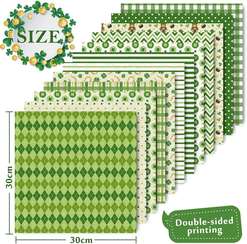 Whaline 12 Designs St. Patrick's Day Pattern Paper 24 Sheet Green Lucky Clover Stripe Plaid Dot Scrapbook Paper Double-Sided Decorative Craft Pape...