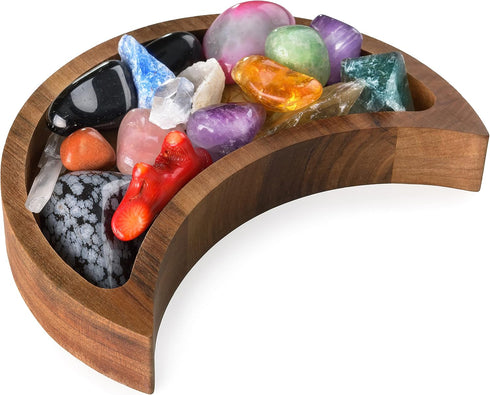 Curawood Crescent Moon Tray - Showcase Your Gems, Healing Stones & Treasures - 6"x3" Wooden Crystal Display Tray, Crystal Holder for Stones Displa...