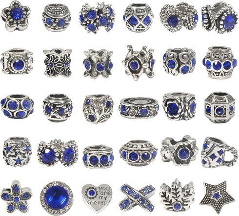 TOAOB 30pcs Dark Blue Large Hole European Beads Antique Silver Metal Rhinestone Rondelle Spacer Charms Beads Assortments for Bracelets Necklaces J...