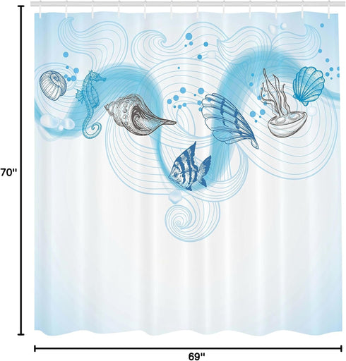 Ambesonne Nautical Shower Curtain, Marine Theme Seashells Ocean Waves Fishes Seahorse Swirls Curves and Bubbles, Cloth Fabric Bathroom Decor Set w...